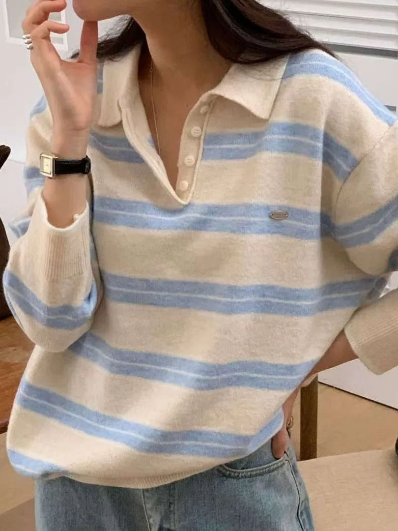 

Модный корейский полосатый трикотаж, свободный крой, женский весенний новый свитер Ele Personali, повседневный шикарный свитер