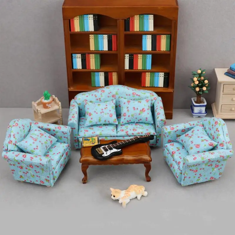 Sofá en miniatura, accesorio de muebles pequeños, muebles modernos para casa de muñecas, sofá en miniatura a escala 1/12 con almohadas para la vida