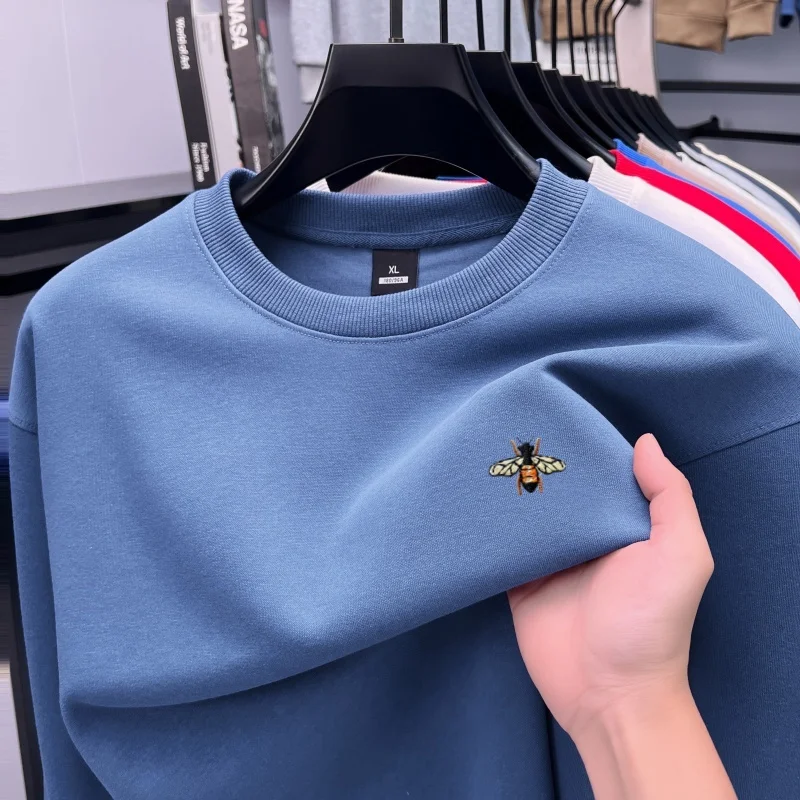 Marca de alta qualidade dos homens em torno do pescoço camisa esportiva conforto luxo nova moda pequena abelha bordado pulôver estilo coreano casual c