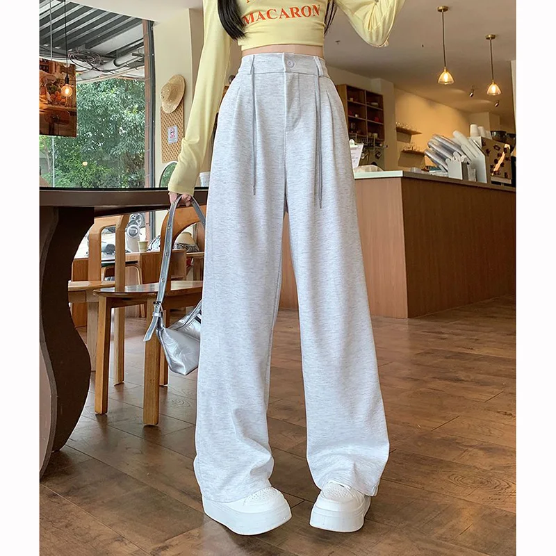 2025 Lady Classic Gray High Waist Trousers Women Solid Fashion Loose Pants Korean New Girls Straight Leg Casual Pants - Image 3
