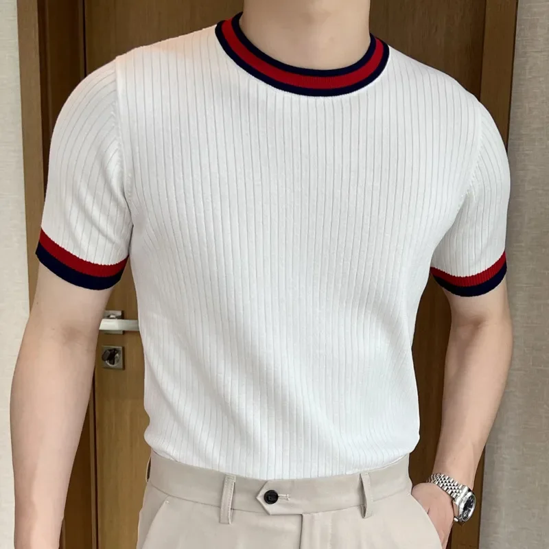 

O-Neck Stretched Men's Tee Shirt Patchwork Color Stripe Slim Fit Knitted T Shirt Homme Streetwear Fashion Casual T-Shirt