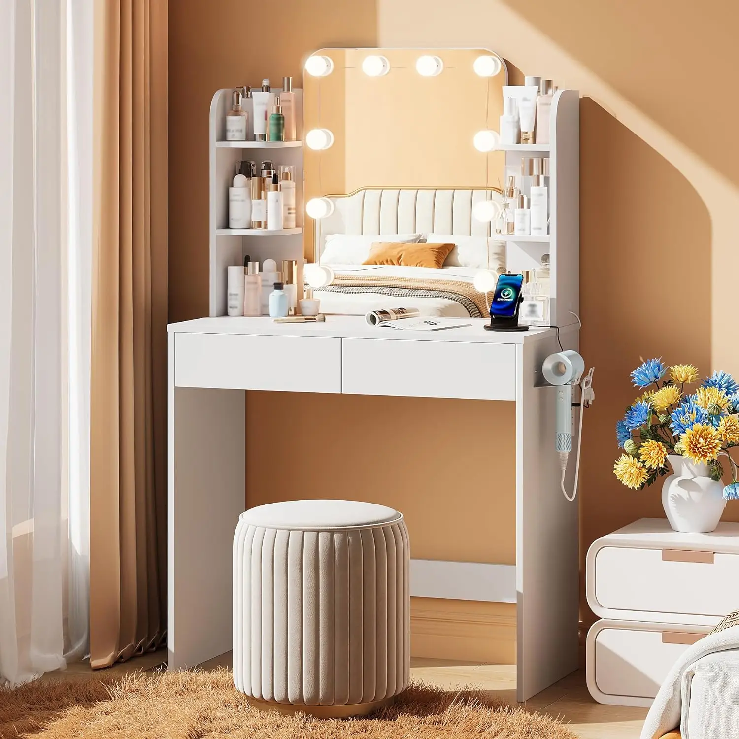 

31.5in White Vanity Desk with Mirror Lights 3 Color Power Outlet 2 Drawers 4 Shelves Bedroom, Customized