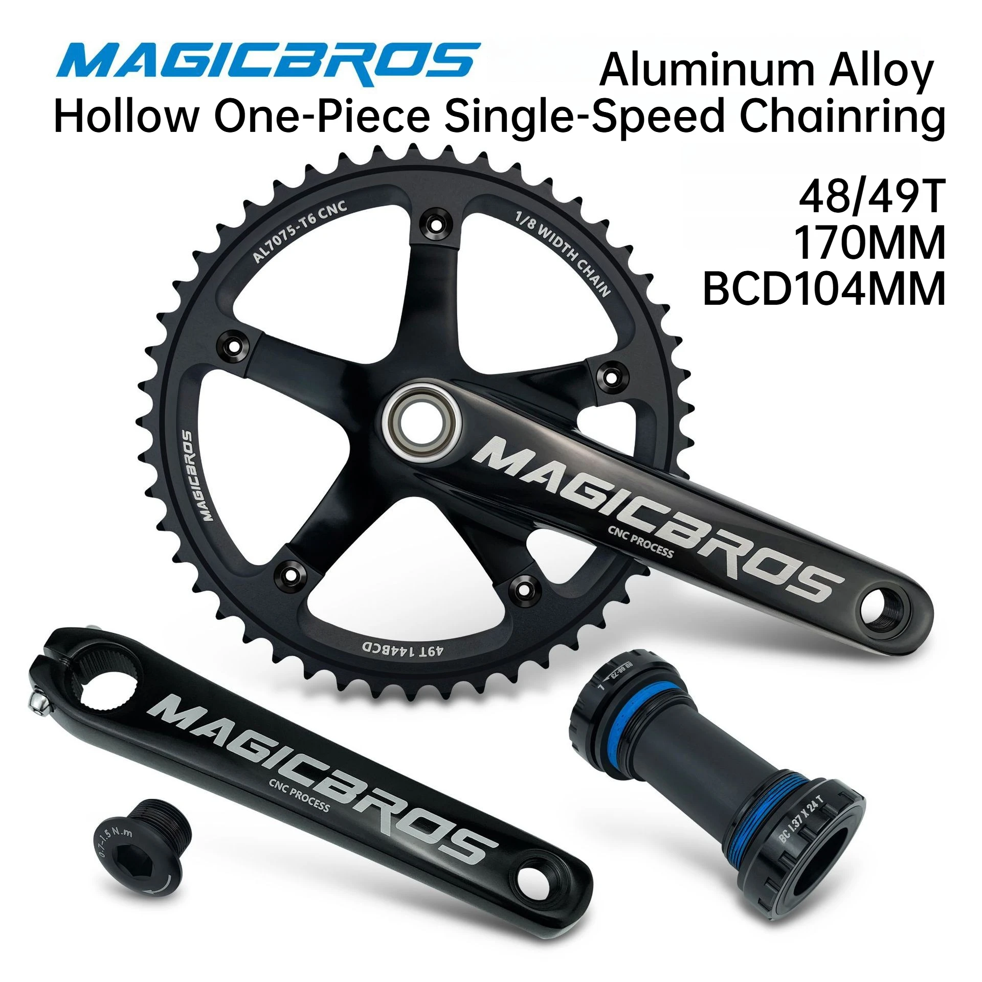 

MAGICBROS Fixed Gear Hollow One-Piece Single Speed Crankset 48/49T 170MM BCD144MM 24MM Spindle Bike Accessories