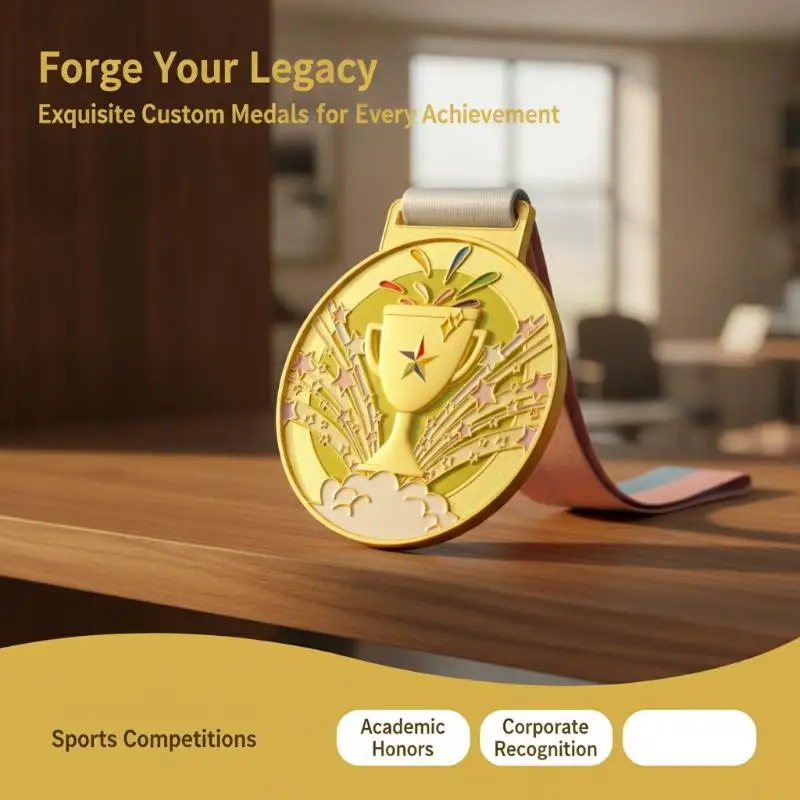 Gold Plated Award Medal Exquisite Trophy Pattern Comfortable Lanyard Perfect for Marathon Event Awards