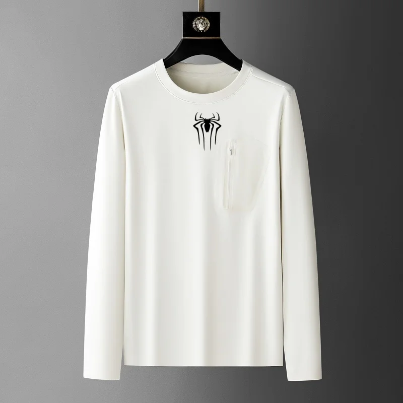 

Высококачественная весенне-осенняя новая мужская удобная футболка с длинными рукавами и круглым вырезом, высококачественный брендовый декоративный топ с вышивкой на молнии