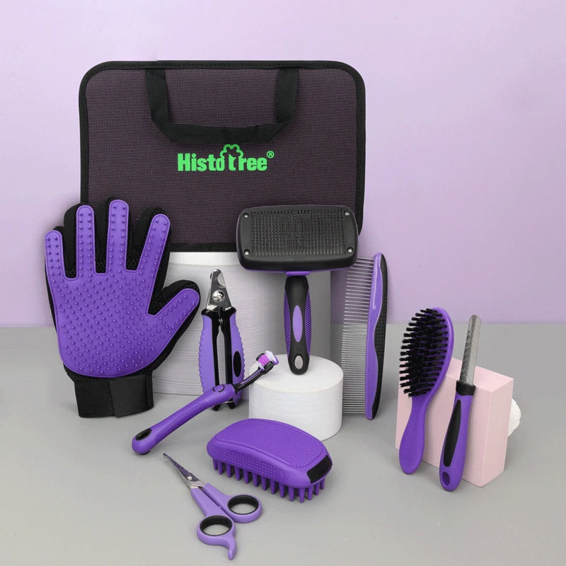 9Pcs Pet Grooming Comb Set, Hair Removal For Dog, Gloves, Shampoo Brush, Nail Clippers, Toothbrush Set