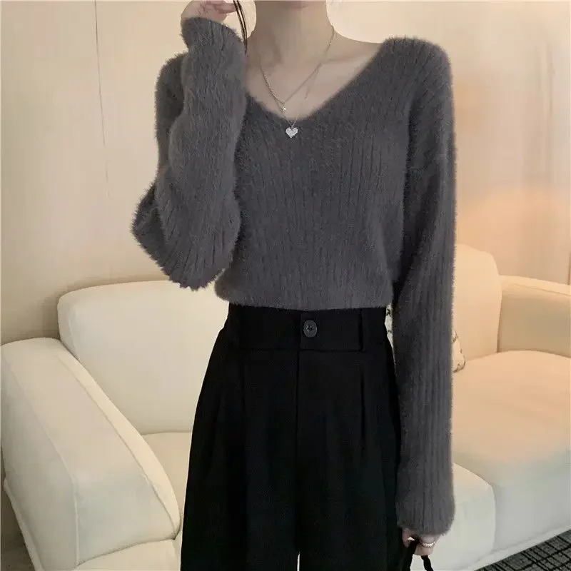 

Sweater Women Autumn and Winter Lazy Style Knitted Pullover Korean Version New Slim Fit and Slim Solid V-Neck Top INS Clothes