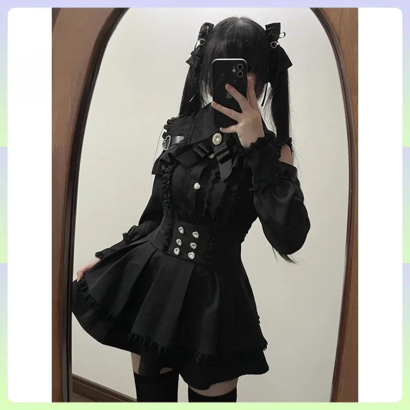 Jirai Kei コスプレ ゴシック ロリータ 恋人 ドレス セット 長袖 ブラウス プリーツ スカート 黒、白、赤 Ver ハロウィン パーティー用