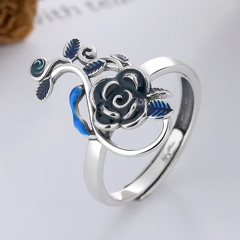 

925 Sterling Silver Enamel Blue Rose Finger Ring Jewelry Vintage Creative Flower Adjustable Open Rings For Women JZ144