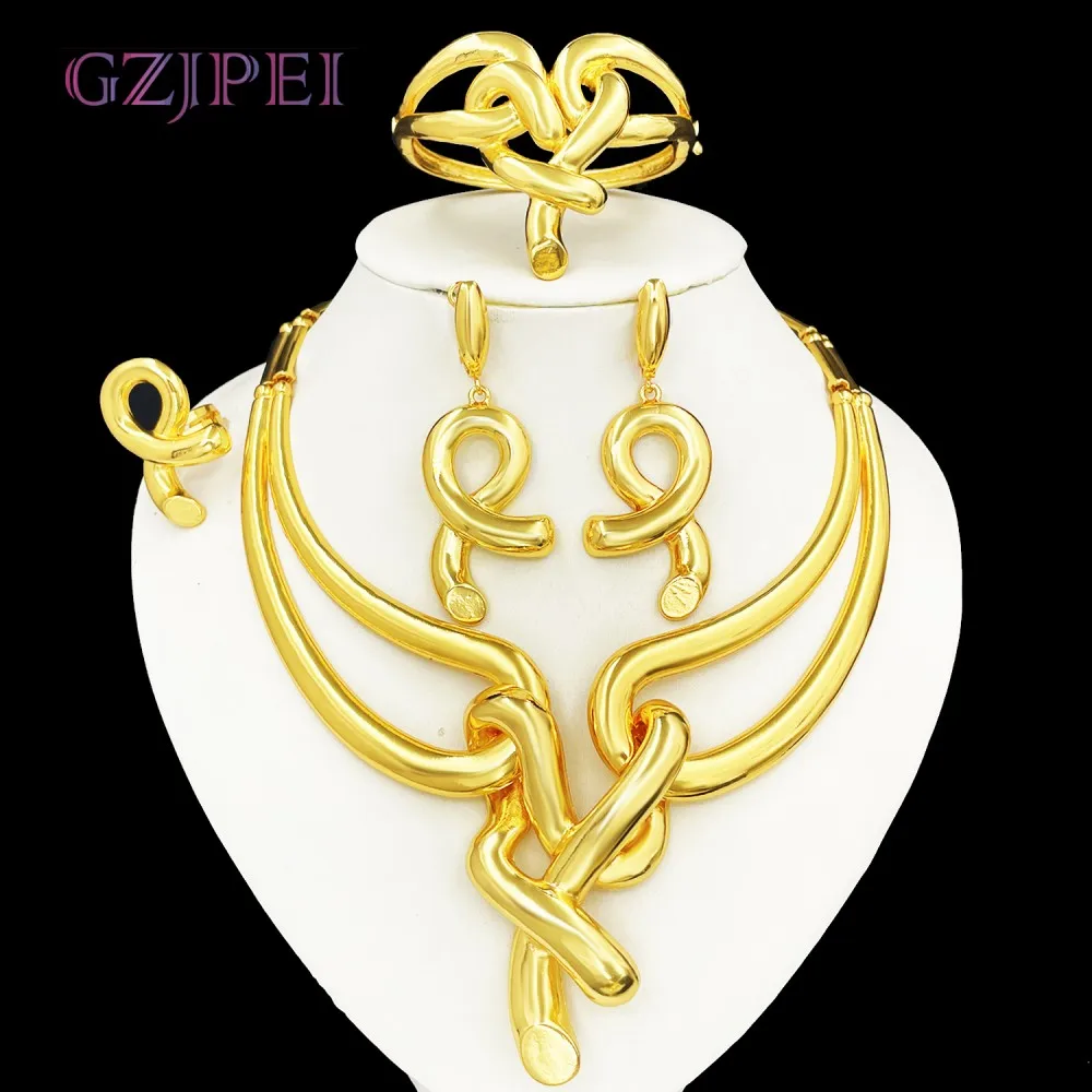 GZJPEI Exaggeration Big Jewelry Set Chunky Large Necklace Bracelet Twist Earring Ring Hight Quality 18K Gold Plated Jewellery