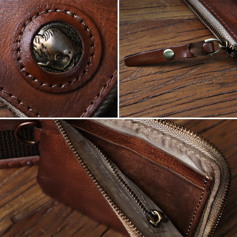 Retro Genuine Leather Home Car Key Bag Handmade First Layer Leather Coin Purse Card Holder Key Wallet For Women, Men