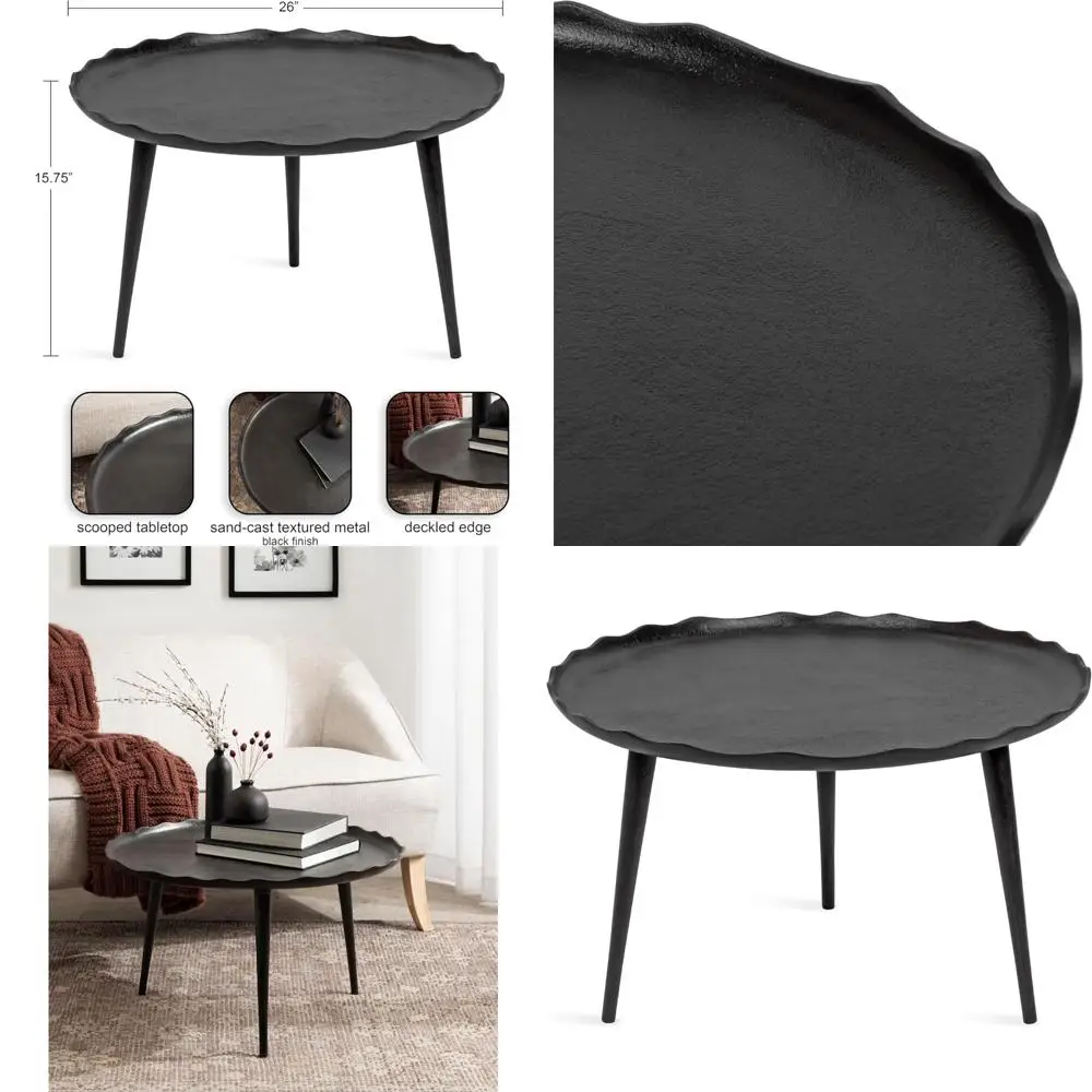 Mesa de centro redonda de metal de estilo moderno Alessia, 26 x 26 x 16, aluminio fundido de arena negra con plataforma elevada
