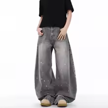 Washed Vintage Smoke Grey Ink Splatter Distressed Knife Edge Wide Leg Jeans Loose Fit Men's Casual Comfortable Denim Trousers - AliExpress 