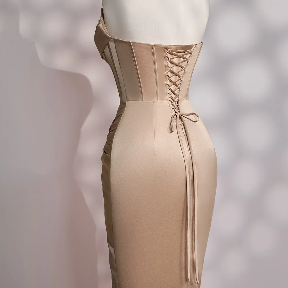 Customized Straight Evening Dresses Ankle-length Strapless Sleeveless Prom Gown Simple Fashion Pleat Backless Lace-up Party Gown