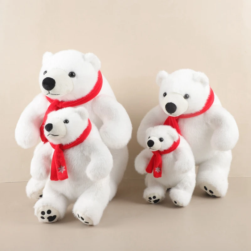 Großfüßiger Sitzender Eisbär Plüschtier mit Rotem Schal Flauschiges Gestopftes Eisbär-Kuscheltier Weiches Rundes Wildtier Zoo-Souvenir – Detail 4