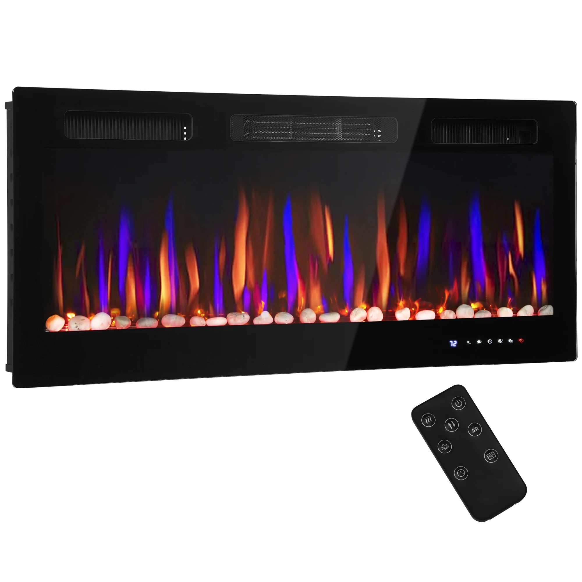 Image of Homcom Ultradünner elektrischer Wand- und Einbaukamin mit 3D-Flamme, dekorativer Kamin, einstellbare Helligkeit/Geschwindigkeit, 12 Farben, Kieselsteine, 900/1800 W, Timer, Thermostat, Fernbedienung