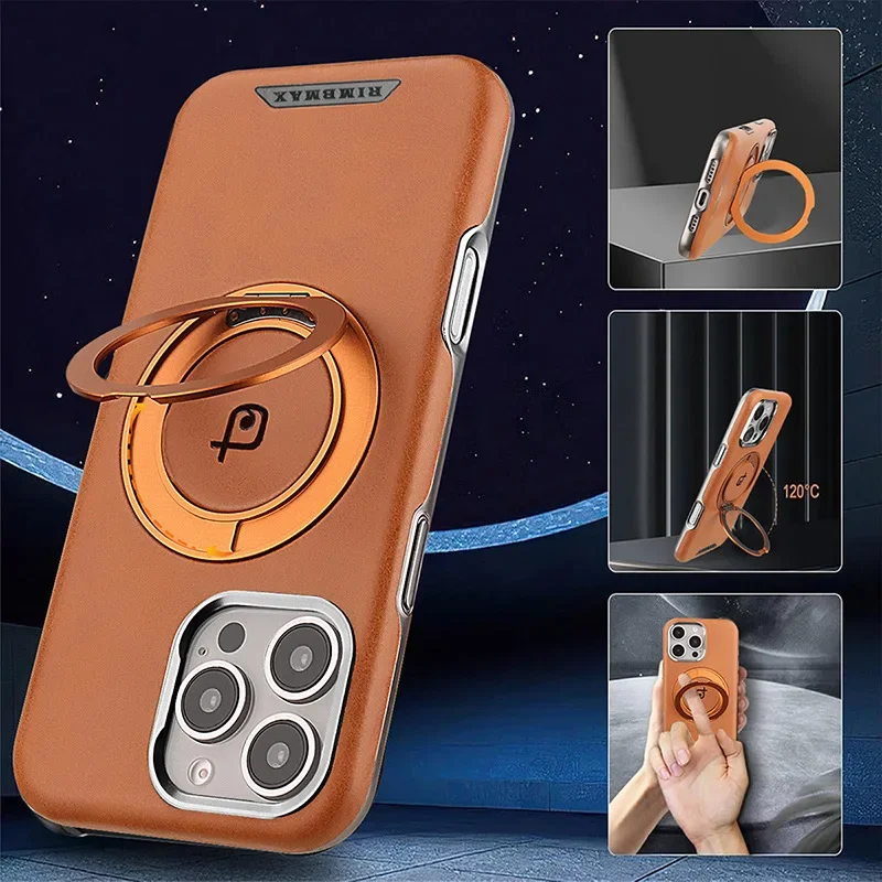 

Retro Magnetic Wireless Charging Phone Case for IPhone 16 Pro Max 15 Plus 14 Pro 13 12 360 Degree Rotating Bracket Leather Cover