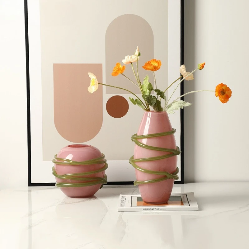 Modern ins style creative green line pink glass vase villa living room dining table high-end home ornament