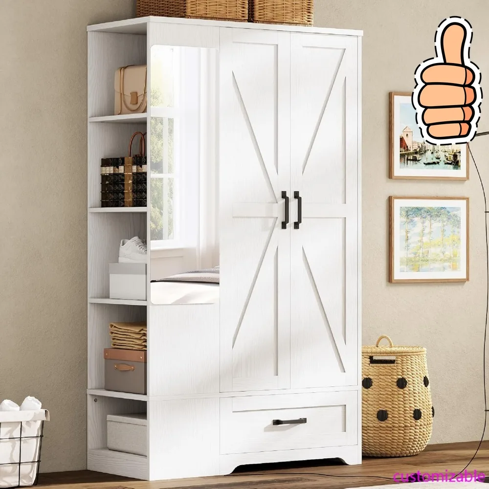 NEW-Armoire خزانة ملابس 70 بوصة، مساحة تخزين كبيرة مع مرآة، بابين، درج، أرفف، غرفة نوم حديثة خشبية قائمة بذاتها