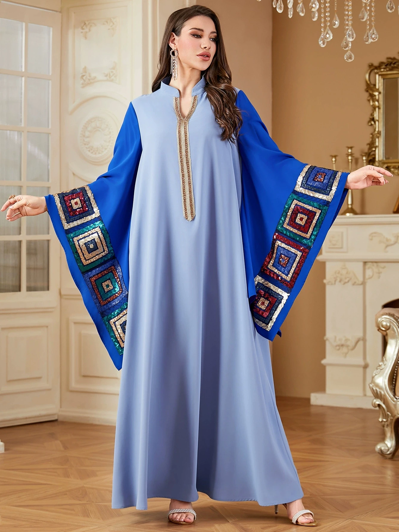 Dubai Islamic sequin party dress women's Abaya batsleeves Eid al Fitr fashion long dress Muslim robe Jalabia Ramadan vest