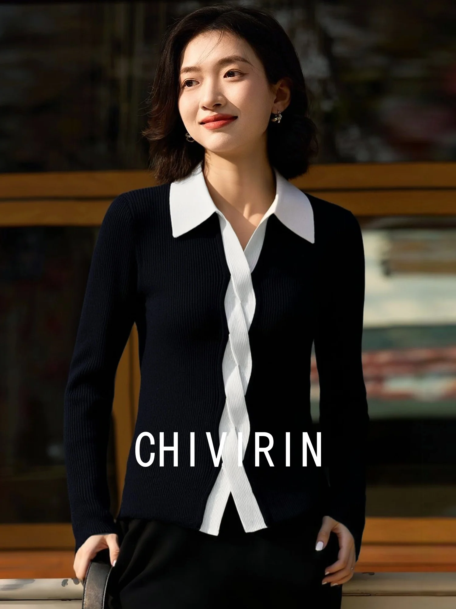 

Ele Color Blo Knitwear Women's Fine Wool Collar irt Autumn New Arrival Breathable Comfortable Long Sve Ladies Top