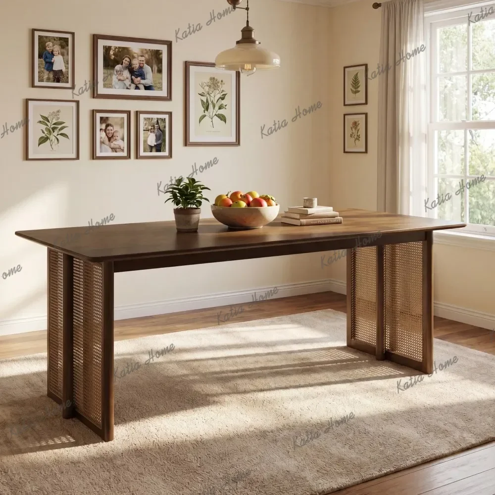LSWalnut-Colored Rubber Wood Dining Table with Coffee Plastic Rattan Accents – 70.87''L Indoor Kitchen Table, 800 lbs Capacity