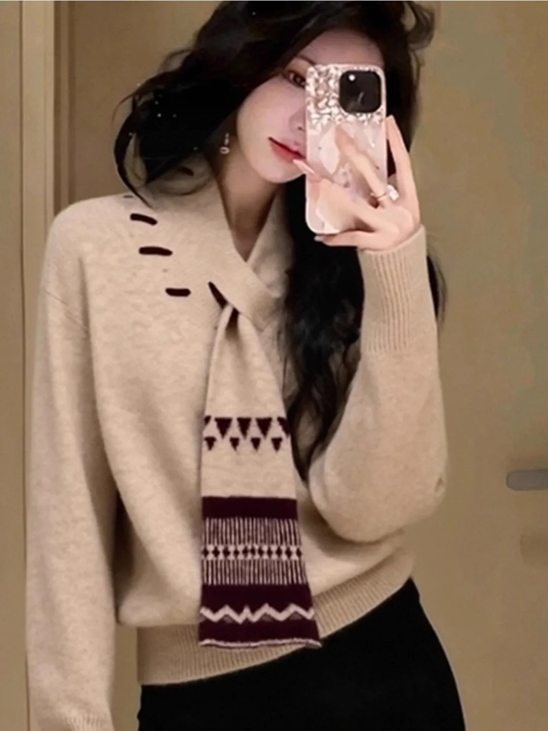 

Женский свитер с шарфом и вышивкой в стиле ретро, осенне-зимний новый маленький дизайн, мягкий Oaeal, вязаный свитер irt Faionable Trend