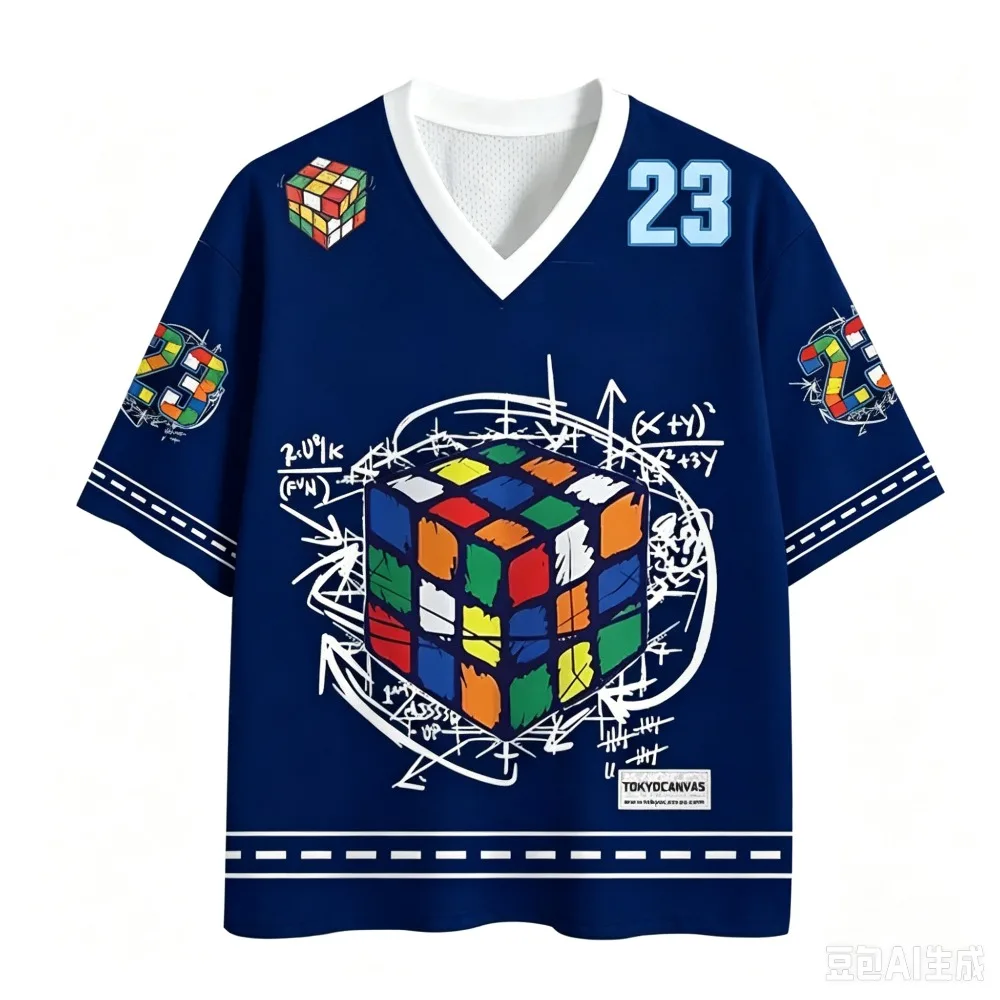 Japanese-style Magic Cube Graffiti 3DPrint Quick-dry Breathable Sports Men Women V-neck Loose T-shirt Fashionable Parental Cloth