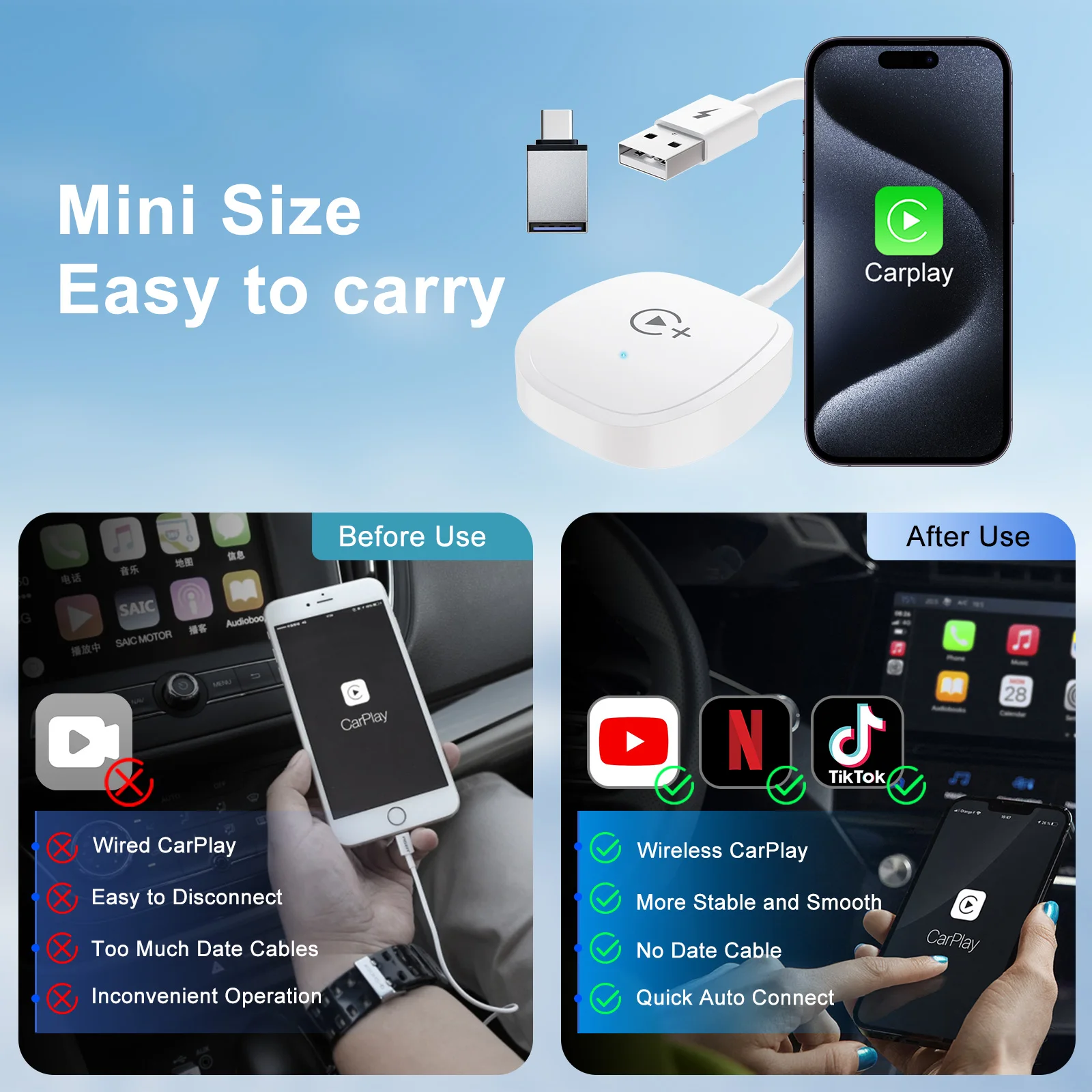 Wireless Video CarPlay Adapter With Netflix/YouTube/Tiktok, For OEM Wired CarPlay Cars