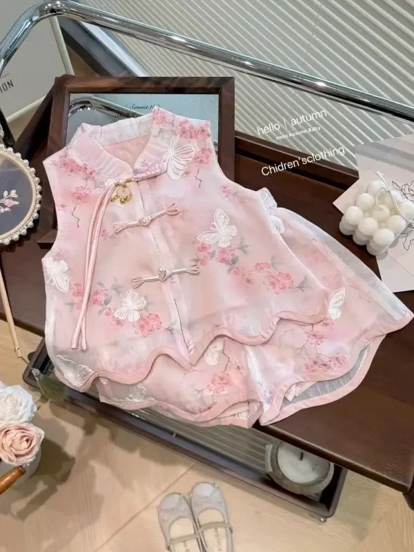 

New Chinese Style Set Summer 2025 New Baby Girl Traditional Floral Embroidery Tank Top Straight Leg Pants Two Piece...