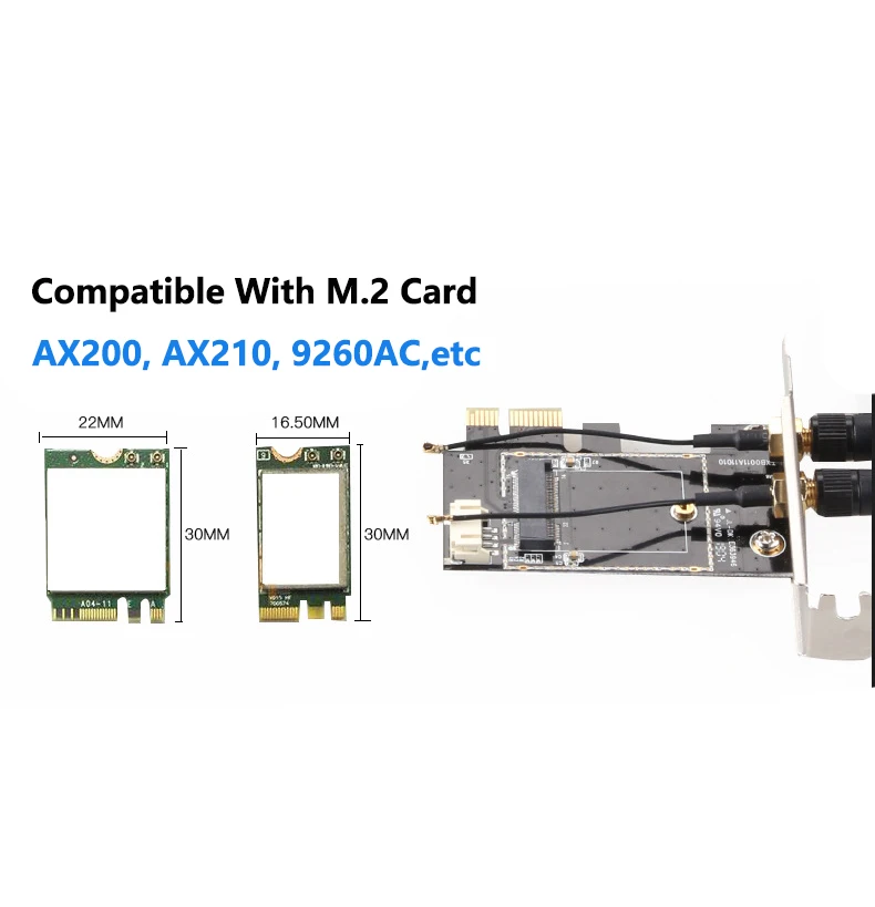 Convertidor adaptador inalámbrico M.2 a PCI Express con antena 6DBi 2x NGFF M.2 WiFi tarjeta Bluetooth para AX210 AX200