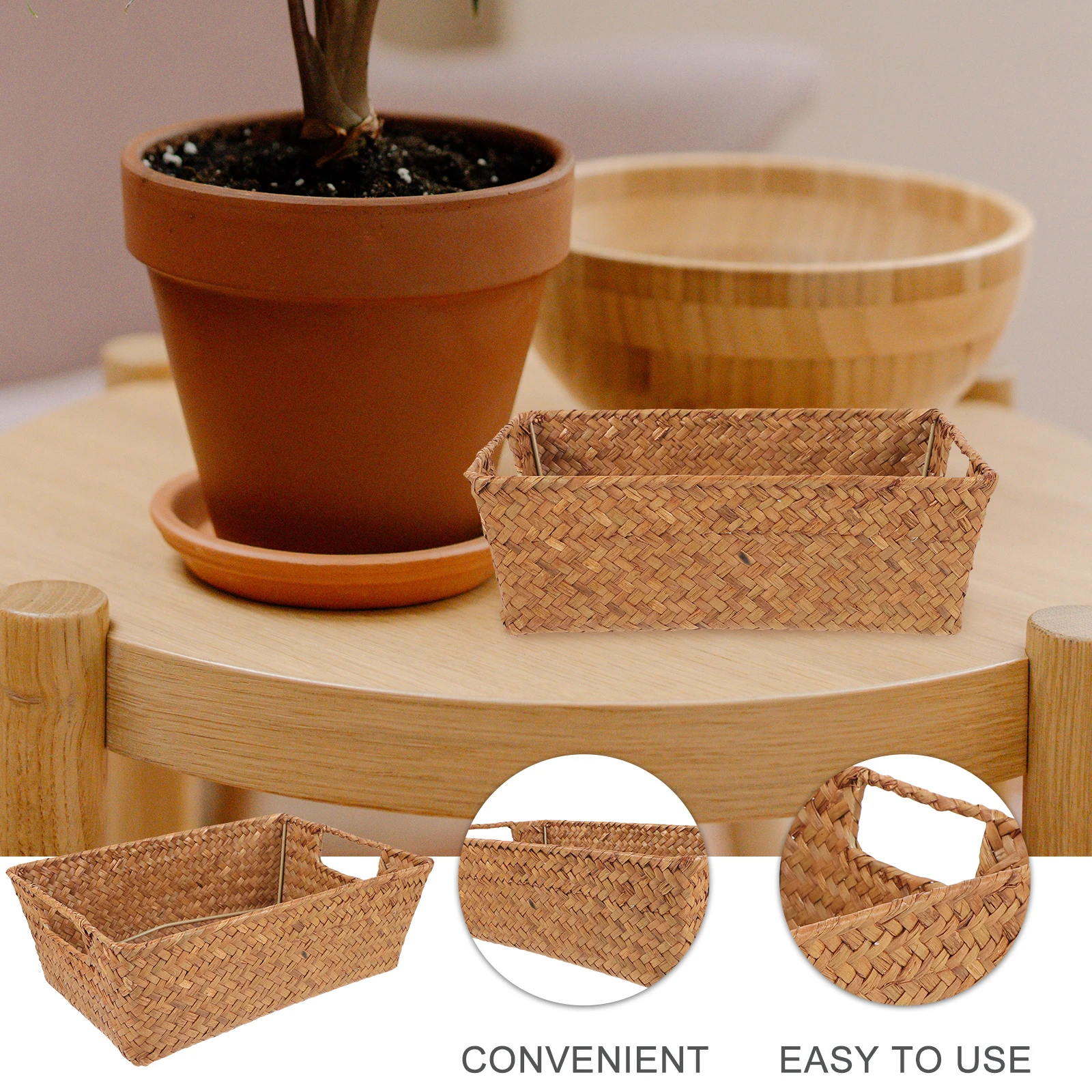 

Desktop Storage Basket Seagrass Woven Rectangle Handmade Home Organizer Remote Control Makeup Items Lightweight