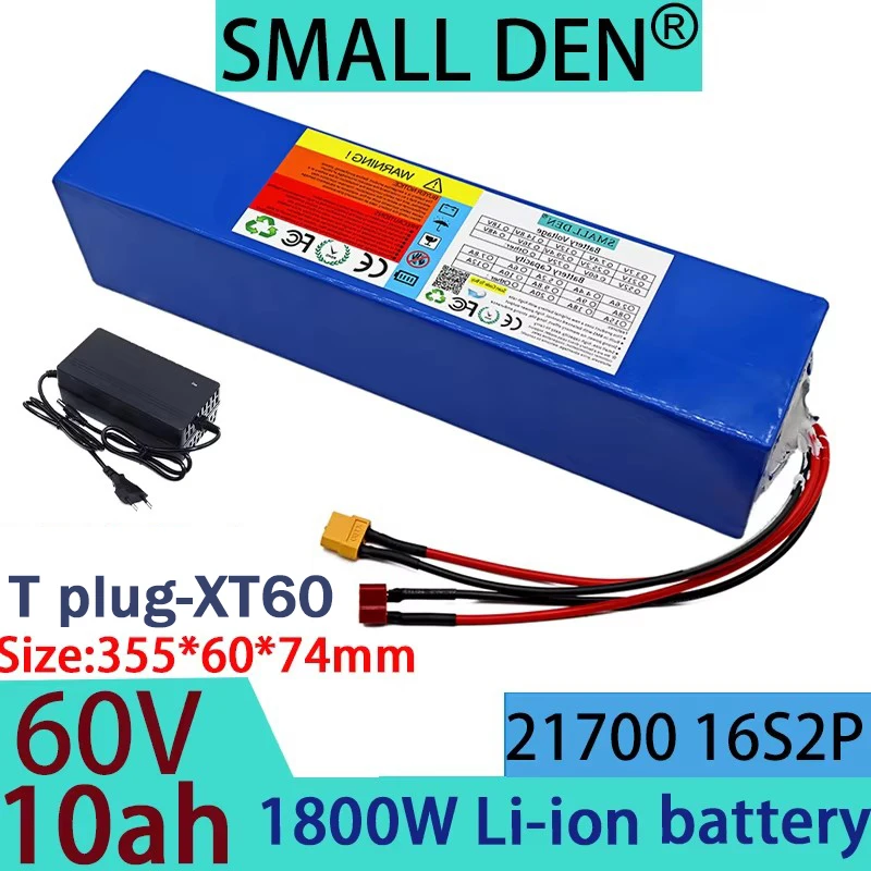 60V 10Ah 21700 16S2P lithium-ion battery pack 1800W power tool battery outdoor backup battery, with 50A BMS+67.2V 2A charger