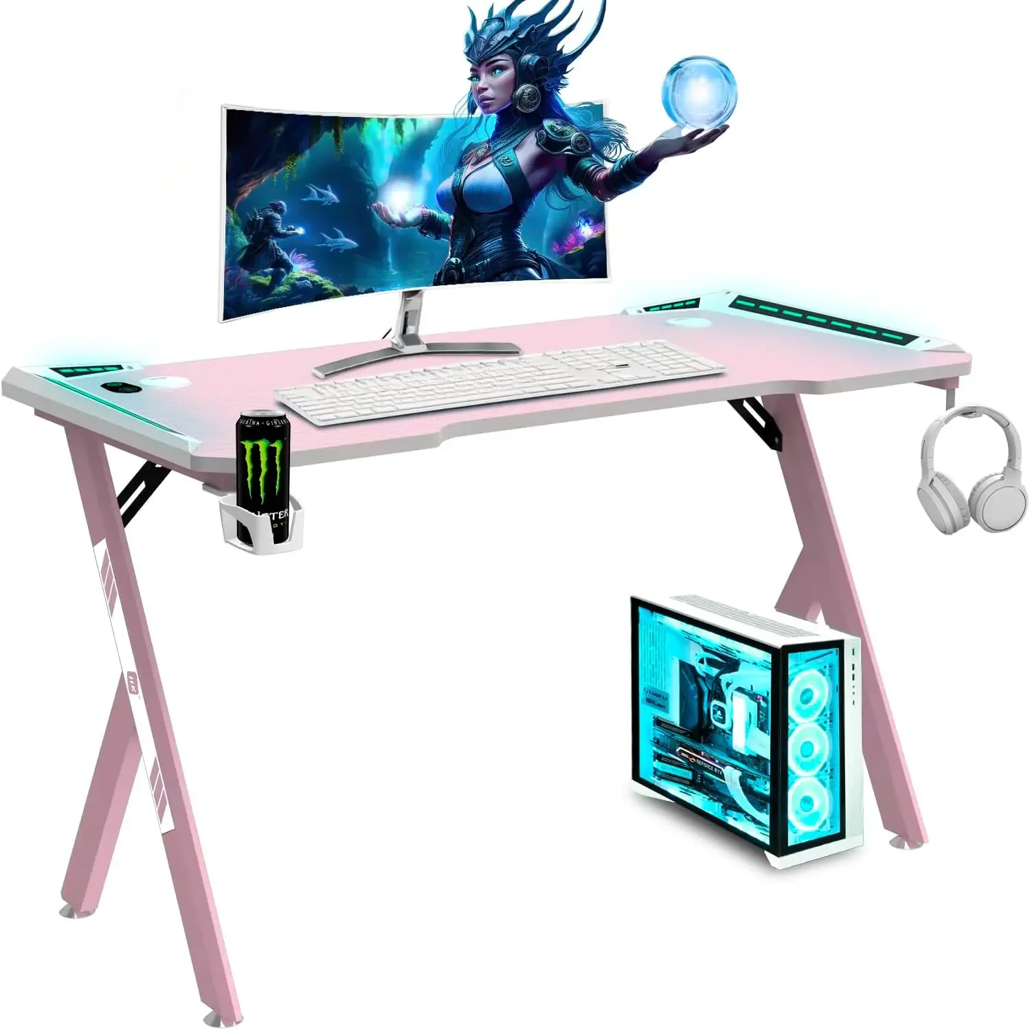 Mesa Escritorio Gaming con LED (120x60cm) - Portavasos y Botellas, Soporte Auriculares/Cascos, Gestión de Cables, Gaming Desk