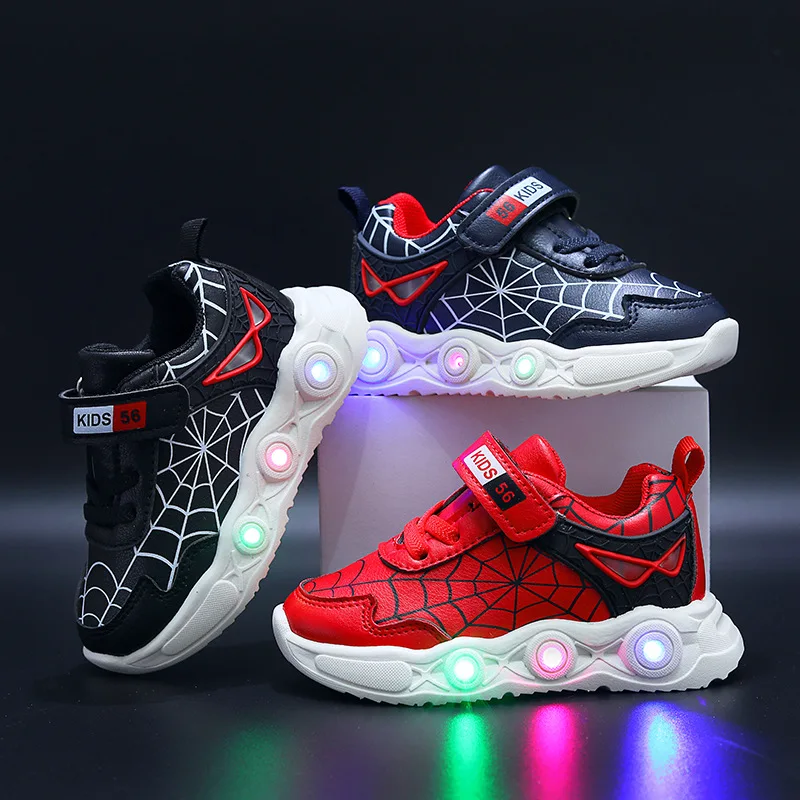 Cool LED Casual Baby Casual Sneakers For Spring Girls Boys Spider-man Mesh Outdoor Shoes Children Lighted Infant Tennis Toddlers