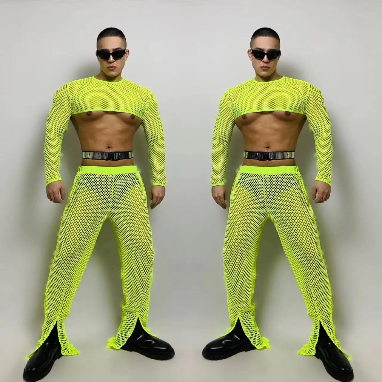 Bar Nachtclub Männlich Team DJ Gogo Dance Kostüm Tänzerin Club Party Show Rave Outfit Bühne Schwarz Fluoreszierend Grün Mesh Plaid Set