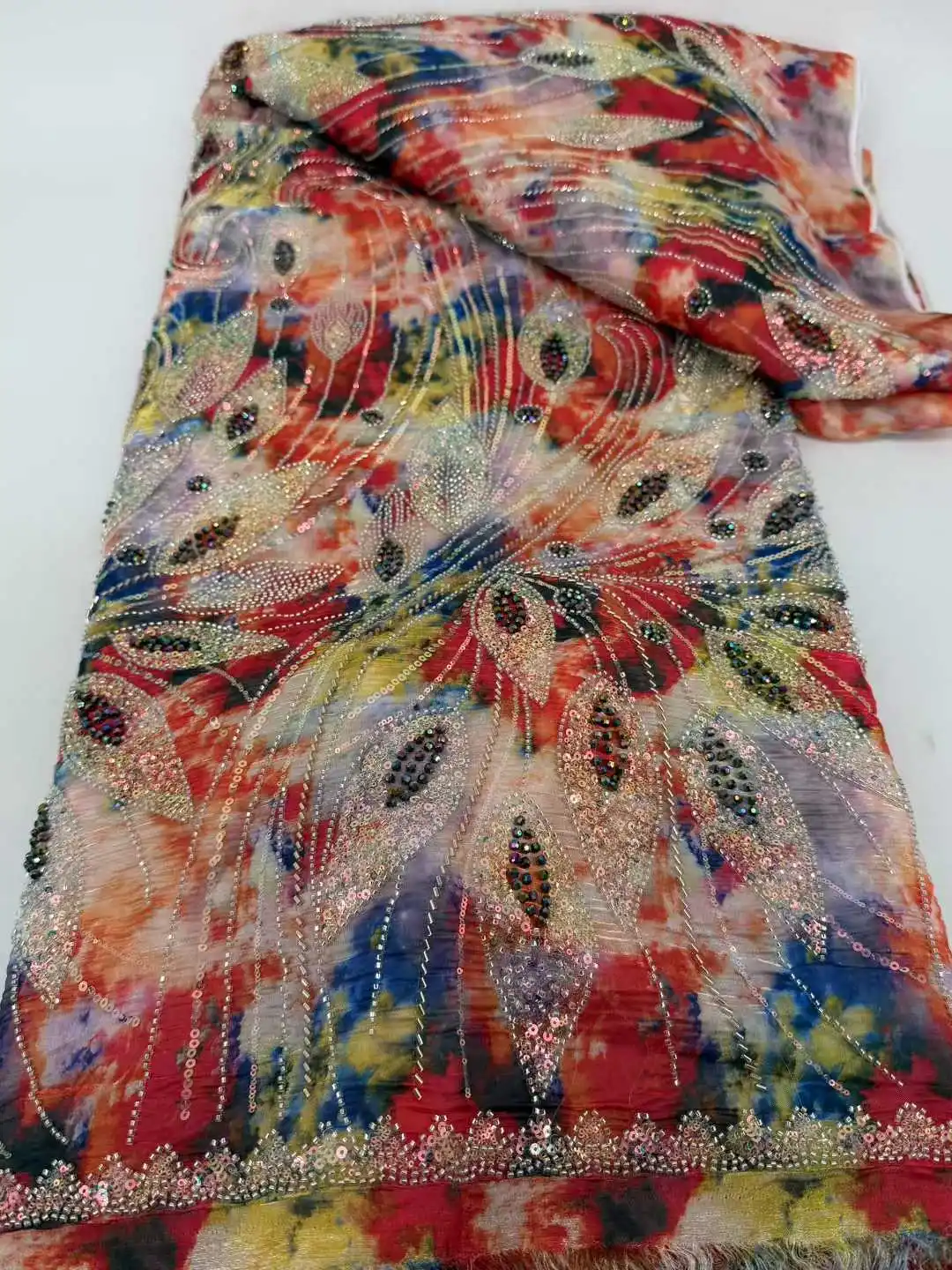 

Luxury Hand Beaded Lace Fabric for Bridal High-End Wedding Tulle with French Nigerian Sequins Beads Embroidery 5 Yards