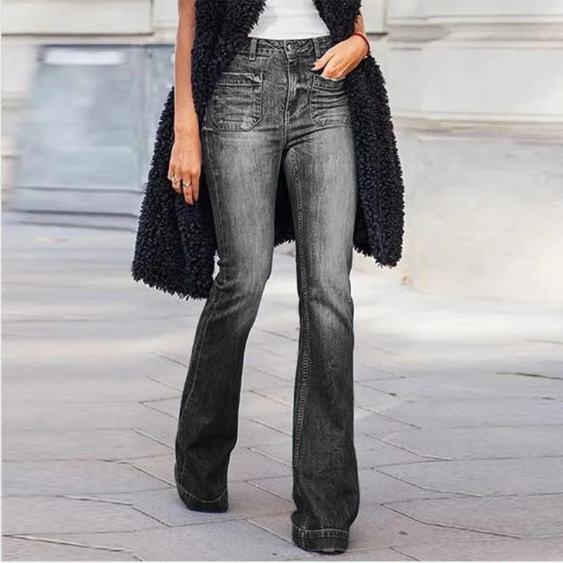 Autumn and Winter Ladies Pockets Jeans Patch Sexy Thin Wide-leg Flared Solid Pants Female Slim High-waisted Flared Pants Jeans