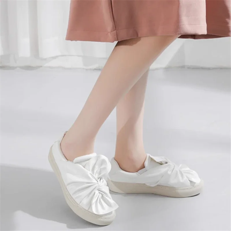 New Luxury Shoes Women Loafers White Casual Fashion Comfortable Genuine Leather Ballet Flats Woman Butterfly-knot Sneakers