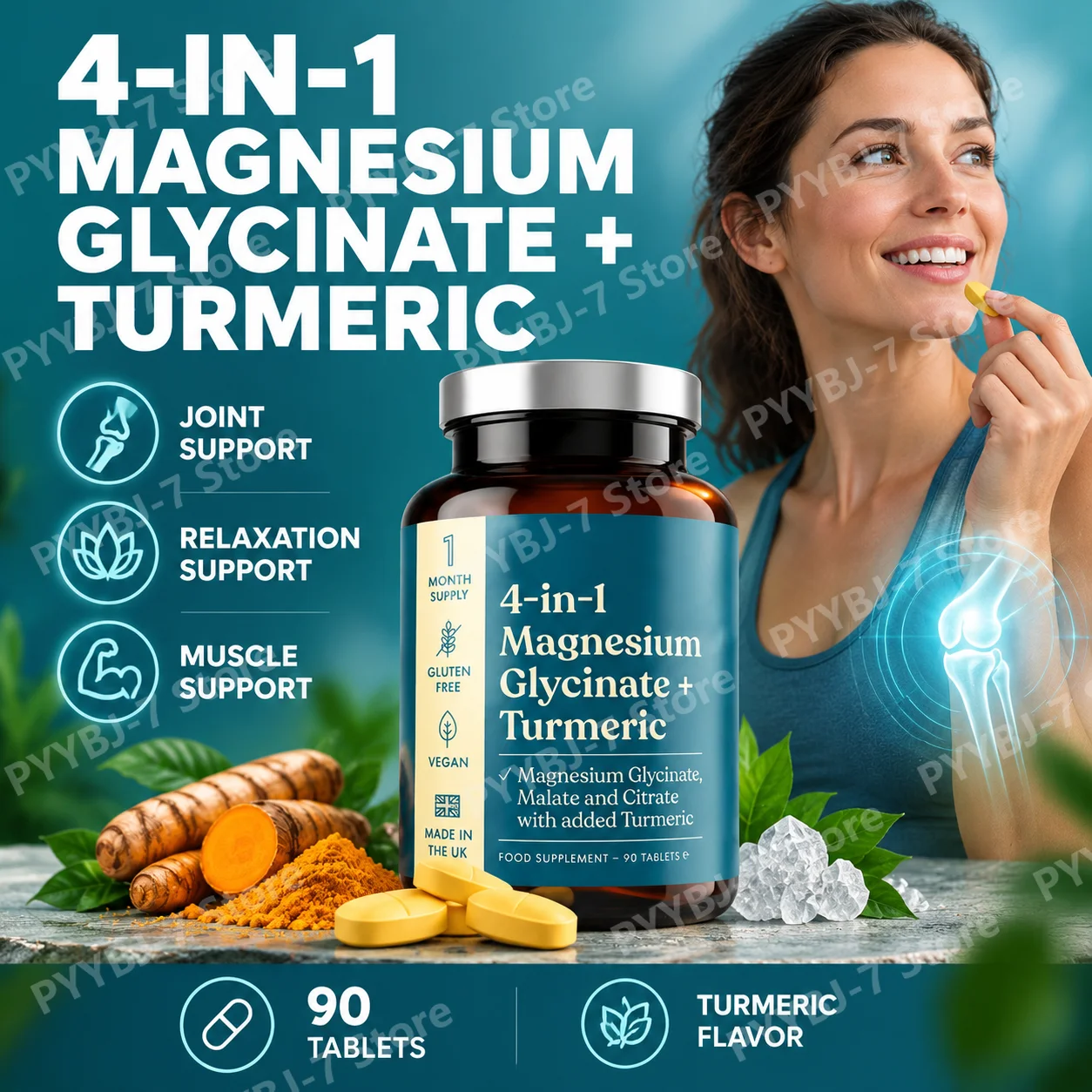 4-in-1 Magnesium Glycinate Tablets with Turmeric for Bones and Muscle Health Support, Restful Sleep and Energy Levels 90 Tablets