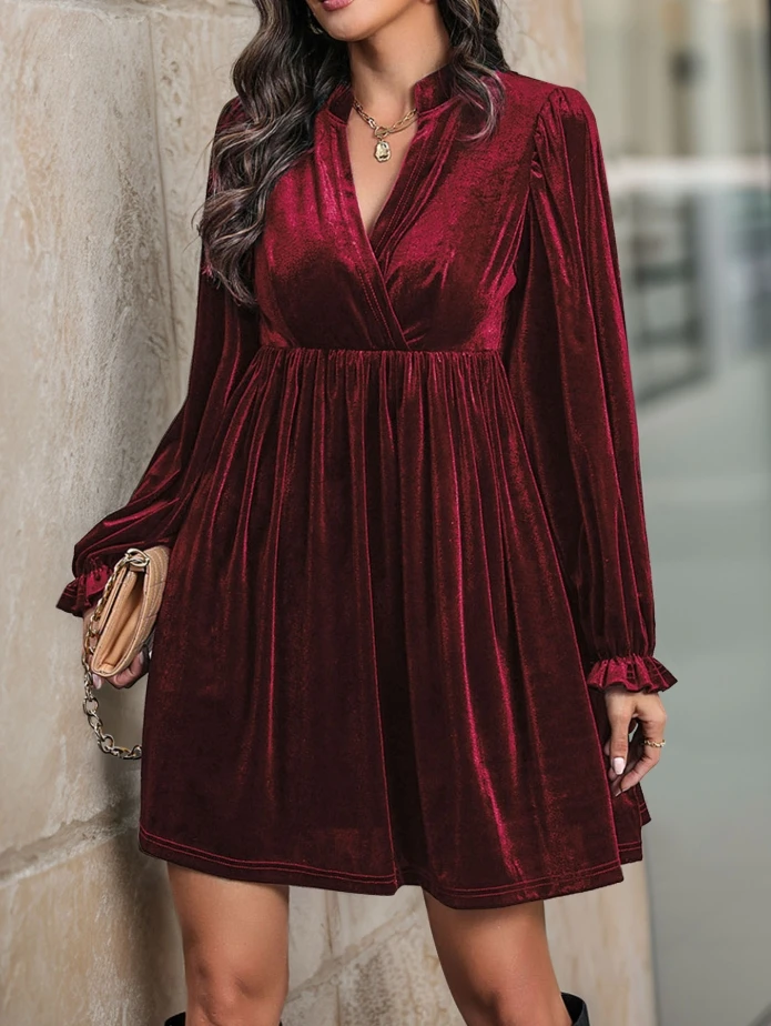 

Winter Clothes Women Fashion 2024 Temperament Commuting Velvet Solid Color V-neck Lantern Long Sleeved A-line Mini Dress