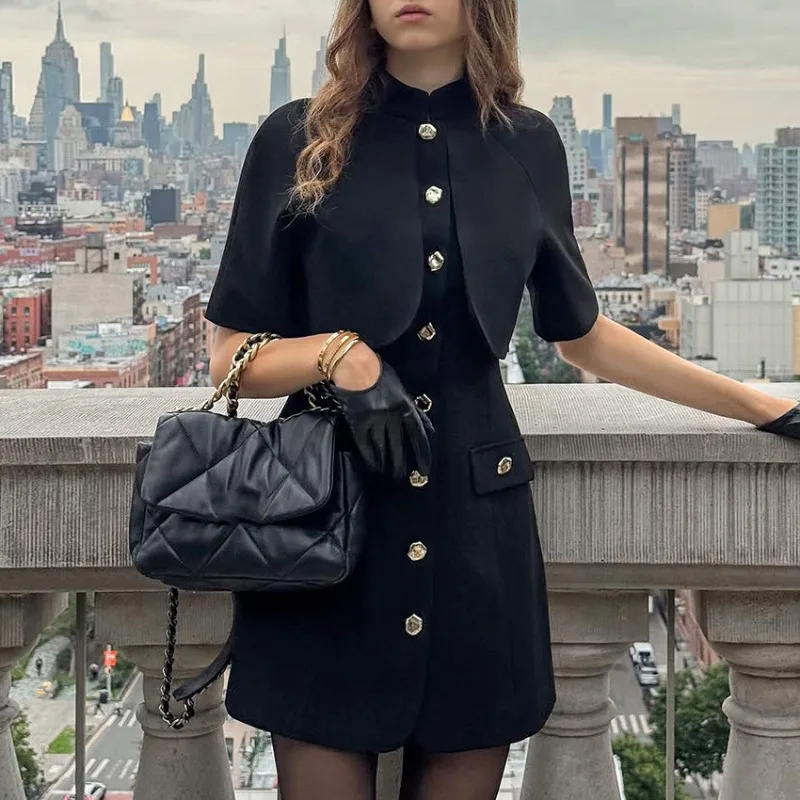 

Tsiisd Elegant Women's Black Mini Dress Luxury Slim Stand Collar Button Office Lady Fashion Party Evening Dress Female Dress New