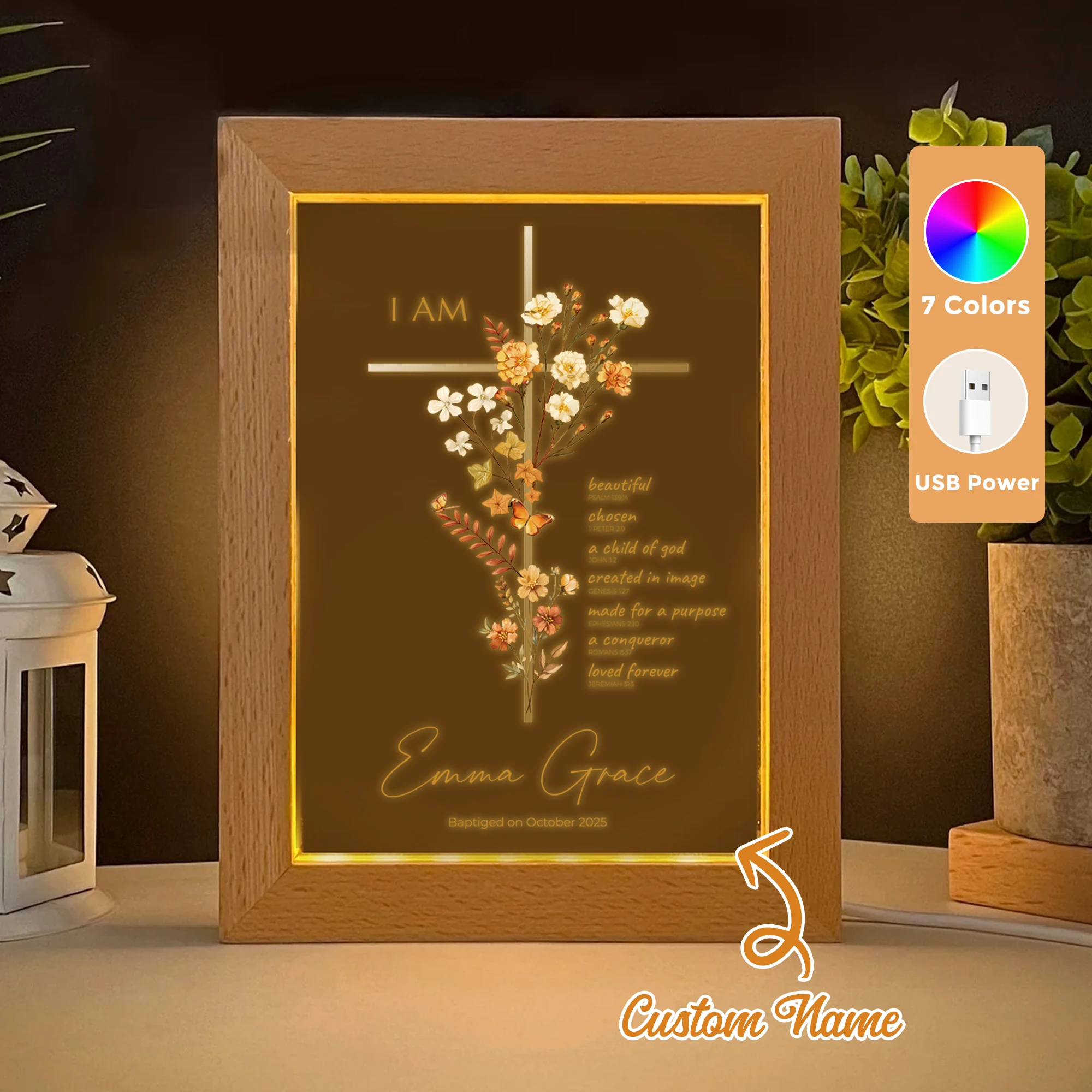 

2D Flat Custom Name Christian Bible Baptism LED Acrylic Night Light Wood Photo Frame 21x17cm Family Bedroom Gifts Home Decor