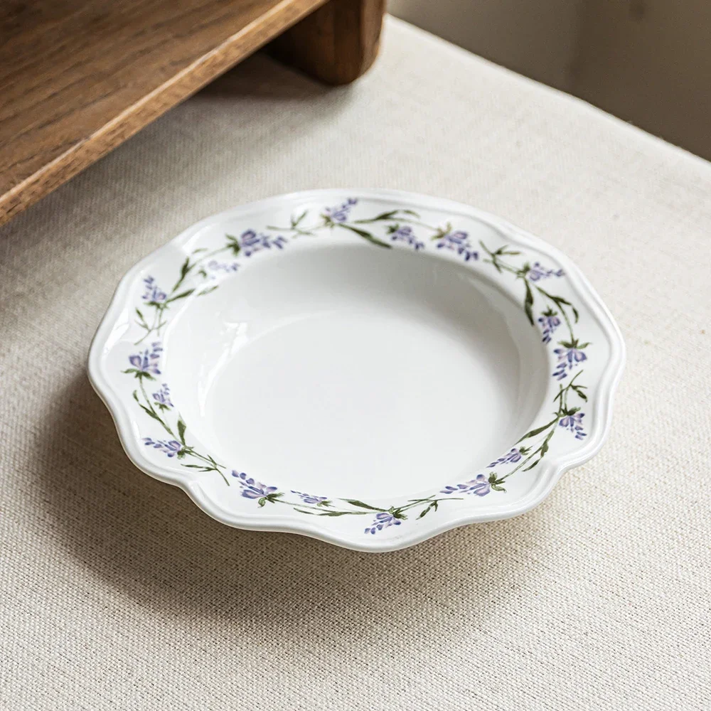 French Style Floral Ceramic Plate Delicate Porcelain Restaurant Homehold Dinnerware Fruit Vegetable Salad Pasta Dessert Plates