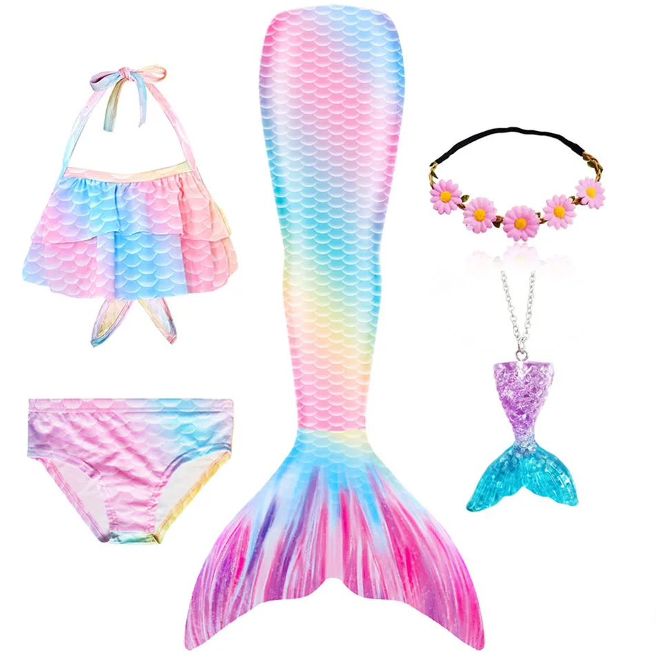 Traje de baño de cola de sirena para niñas, disfraz de La Sirenita, ropa de playa de Cosplay, traje de baño, 5 piezas por juego