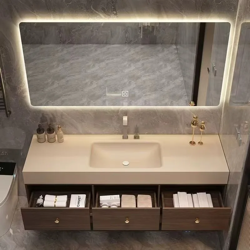 Customized Chinese double-layer bathroom cabinet hot bending integrated washbasin lacquered washbasin combination