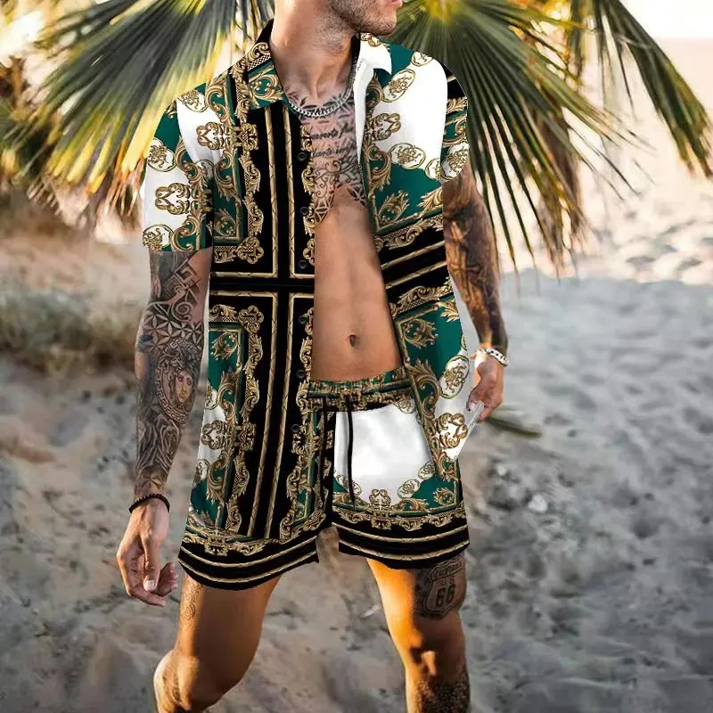 2024 Vintage Men Shirts Sets Summer Golden Horse Print Beach Short Sleeve Shirt Shorts Casual  Trip Mens Hawaiian 2 Piece Suit