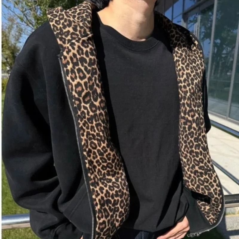 2026 Autumn Winter New Leopard Print Lined Spliced Zipper Hooded Coat American Retro Casual Loose Hooded Jacket Men Streetwear