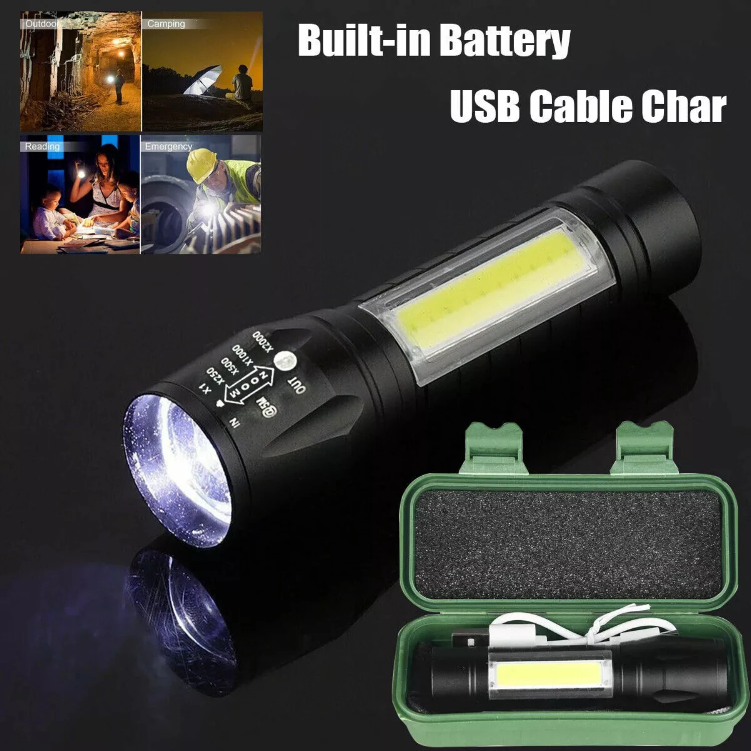 4 Pack Tactical LED Flashlight USB Rechargeable 3Modes Light Zoomable Lamp Torch