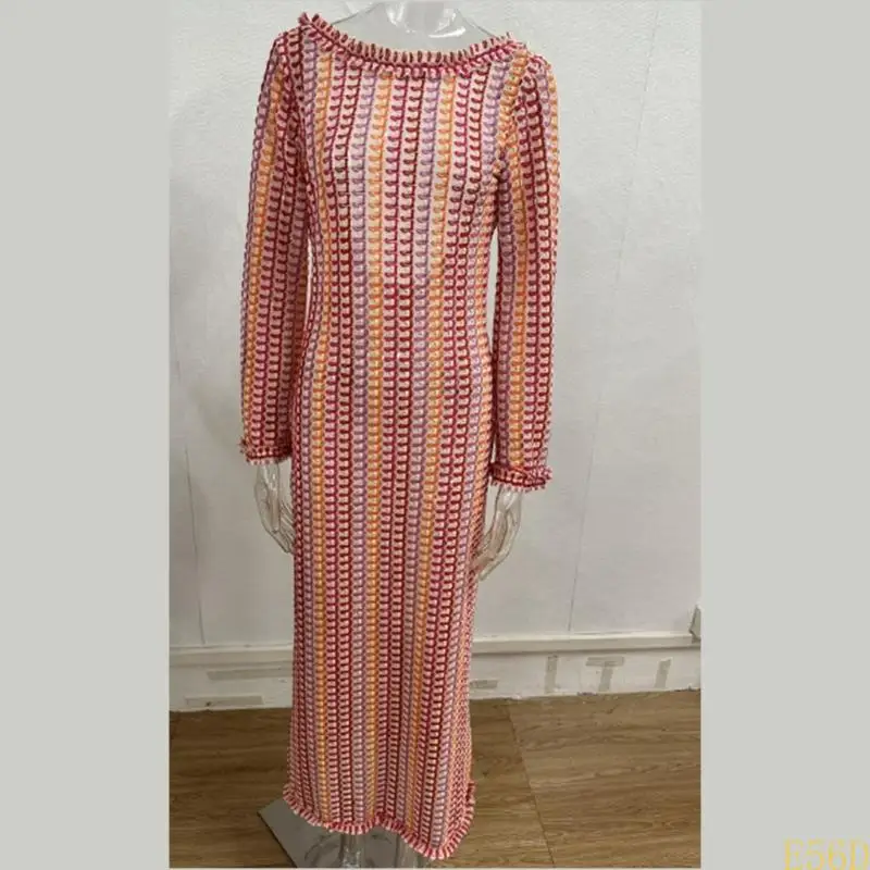 Robe de plage en tricot ajouré, manches longues, Cover-up pour maillot de bain, dos nu, en Crochet, pleine longueur